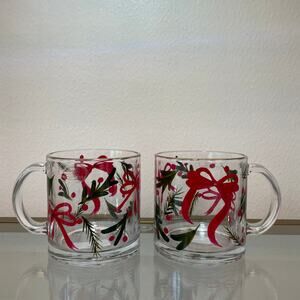 Hand Painted & Jeweled Thick Glass Mug Set of 2 Coquette Christmas Holly & Bows
